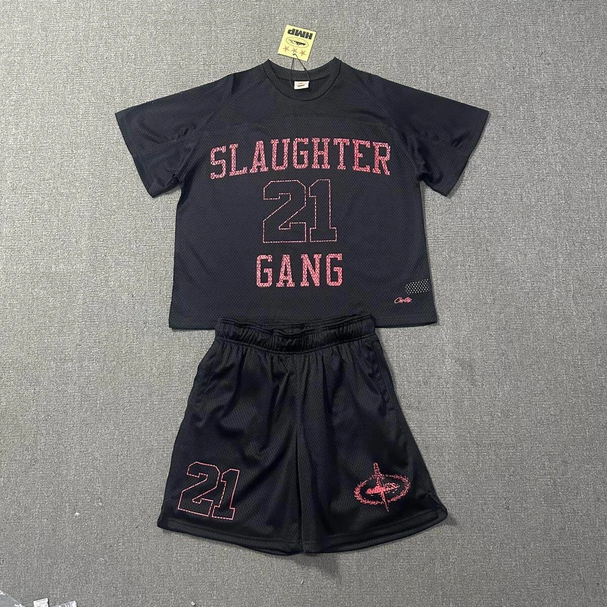 Black 'Slaughter 21 Gang' Mesh T-Shirt and Shorts Set
