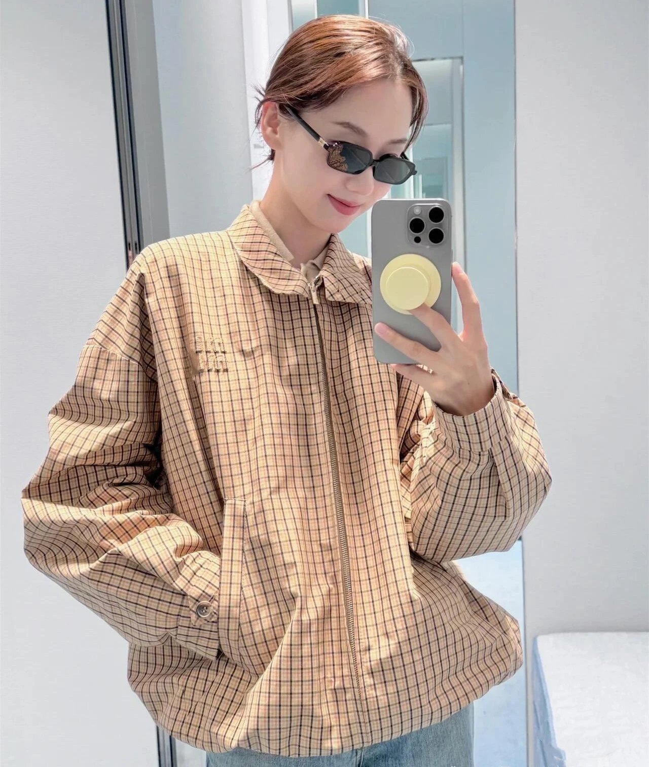 Miu Miu Grid-Print Windbreaker Jacket in Beige - 4