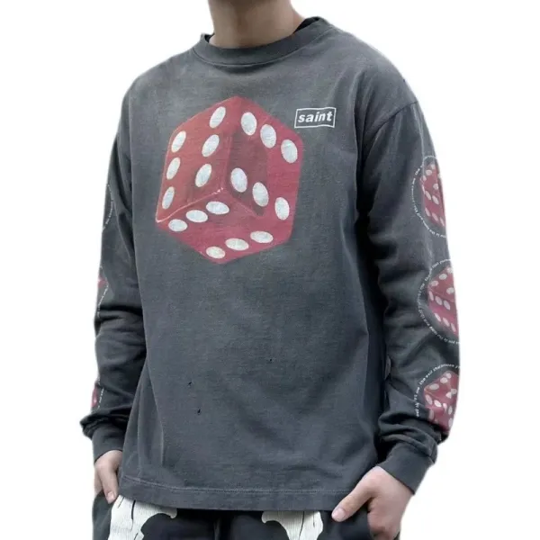 Saint Dice Print Long-Sleeve T-Shirt Charcoal Gray - 1