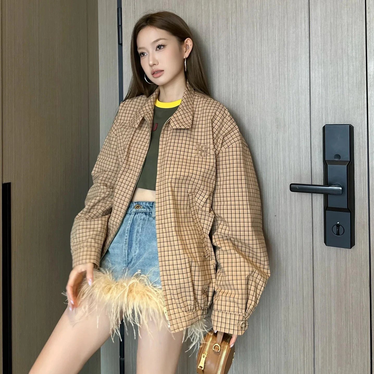 Miu Miu Grid-Print Windbreaker Jacket in Beige - 5