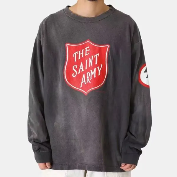 The Saint Army x Unknown Brand Distressed Shield Logo Long-Sleeve T-Shirt - 1