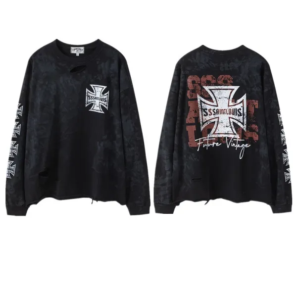 SSS Saint Louis Iron Cross Distressed Oversized Long-Sleeve Tee Black - 1