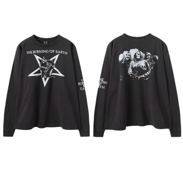 The Burning of Earth Pentagram Graphic Long-Sleeve T-Shirt Black - 1