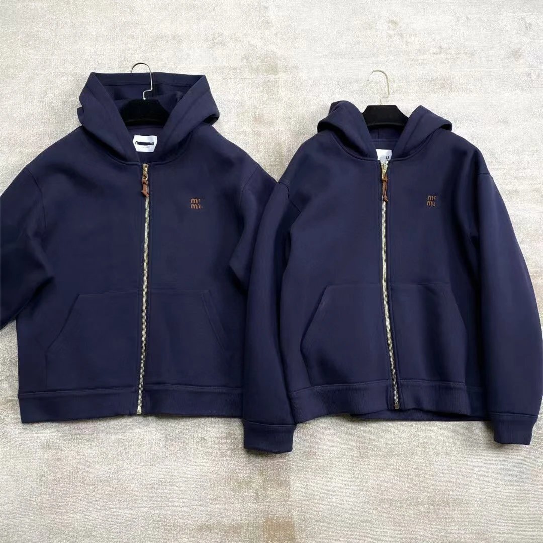 Miu Miu Logo-Embroidered Navy Zip-Up Hoodie - 6