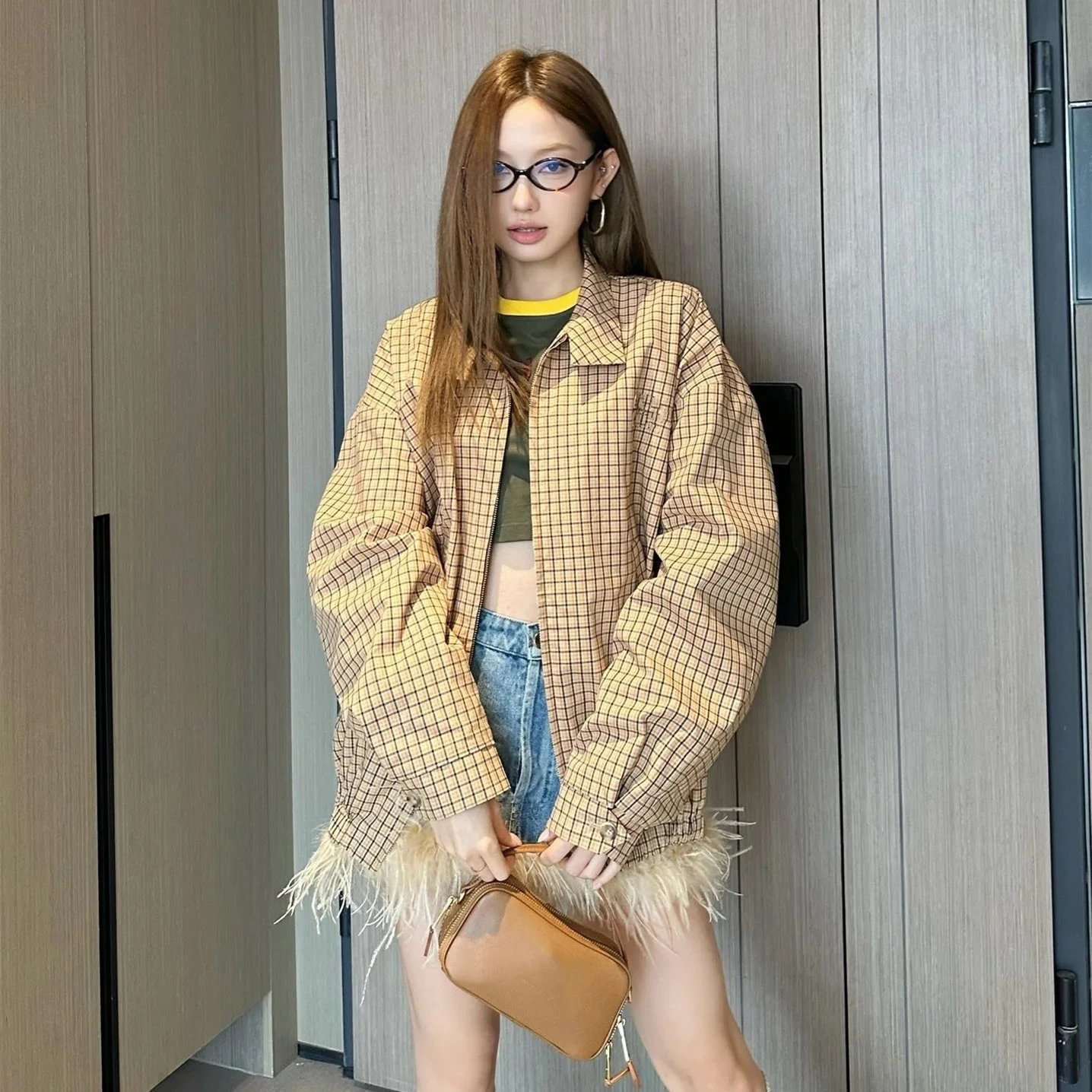 Miu Miu Grid-Print Windbreaker Jacket in Beige - 6