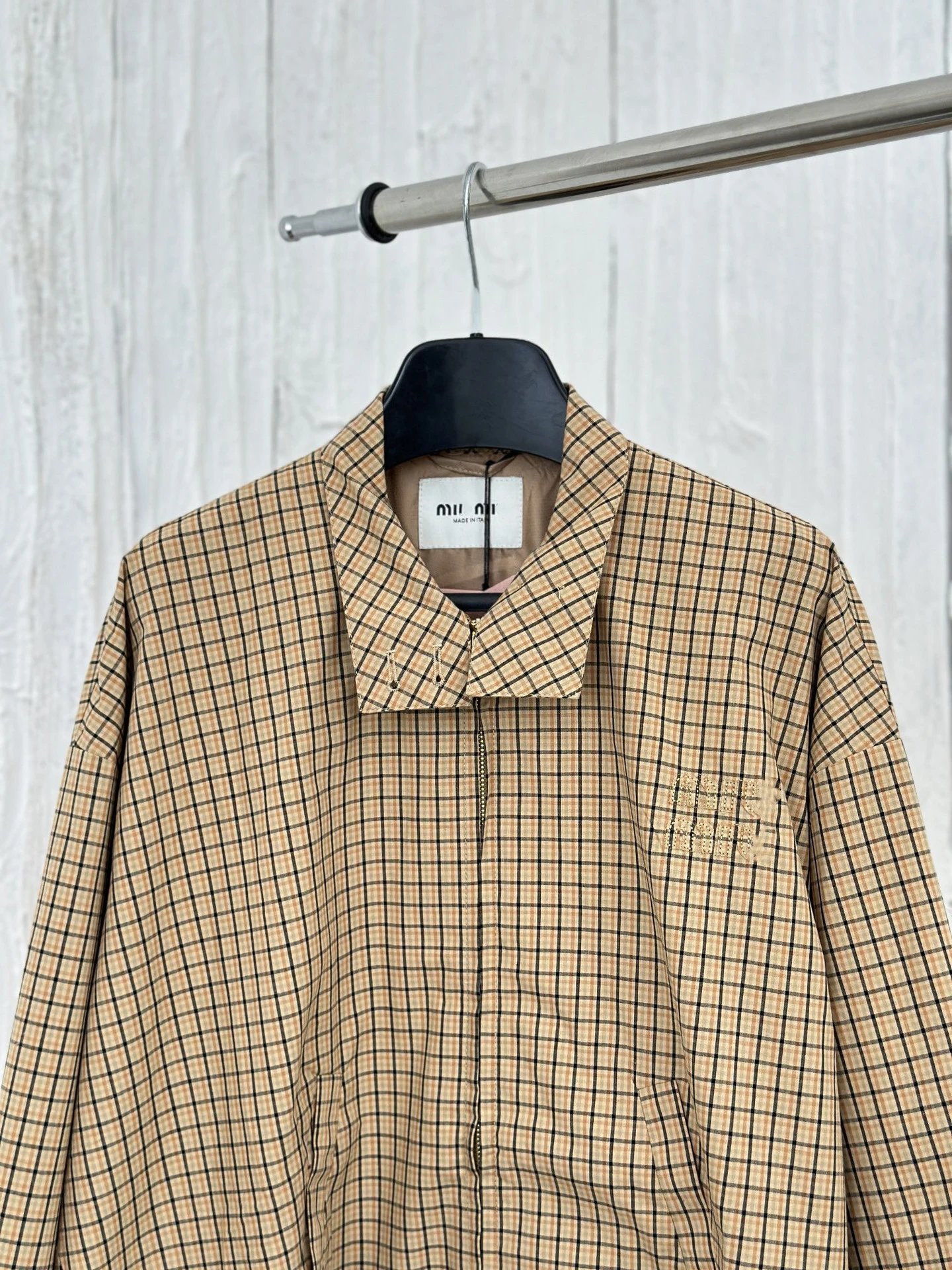 Miu Miu Grid-Print Windbreaker Jacket in Beige - 11