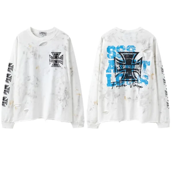 SSS Saint Louis Distressed Cross Print Long-Sleeve T-Shirt White - 1