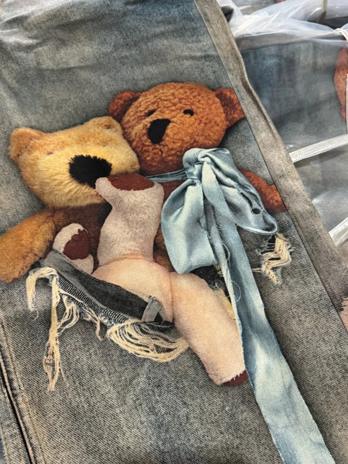 Maison Margiela x Teddy Bear Print Distressed Wide-Leg Jeans with Embellished Plush Scarf - 7