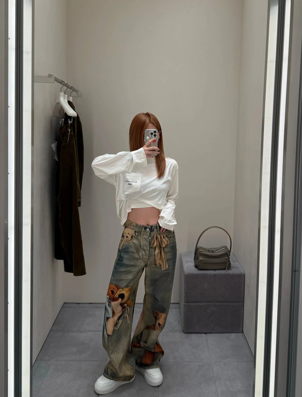 Maison Margiela x Teddy Bear Print Distressed Wide-Leg Jeans with Embellished Plush Scarf - 22