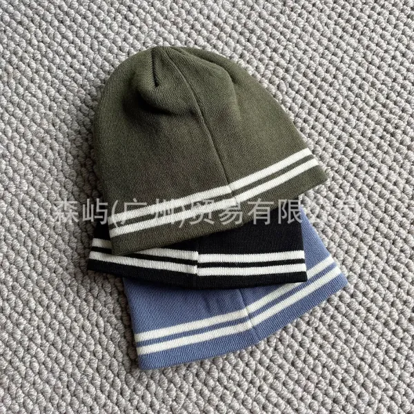 Design Striped Knit Beanie in Army Green, Black, and Navy - 1