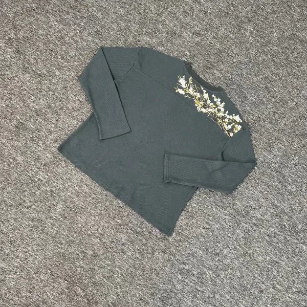 Design Floral Embroidered Waffle Knit Long-Sleeve Top in Sage Green - 1