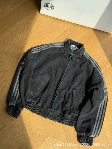 Design Denim Bomber Jacket with Triple Stripe Detail Black - 1