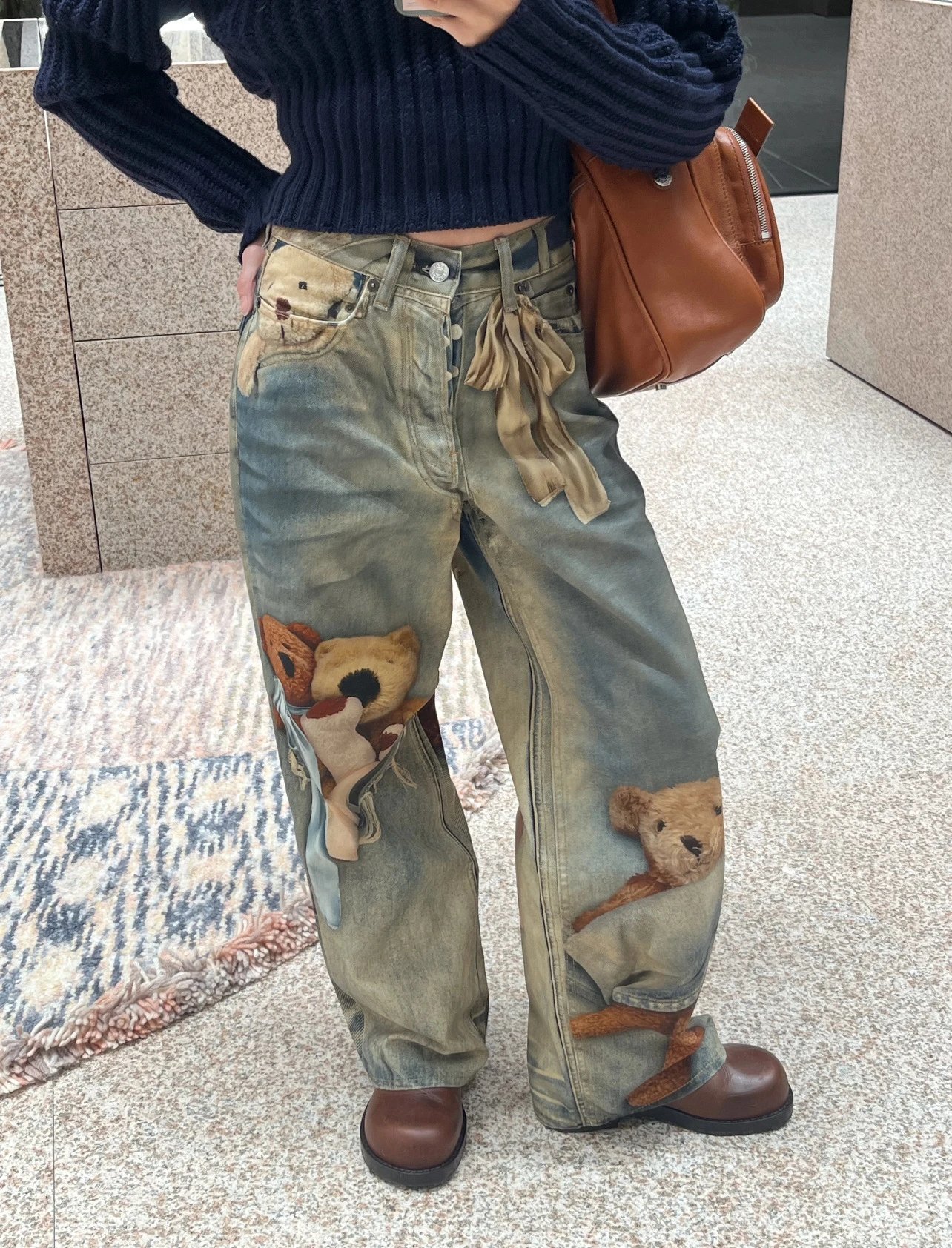 Maison Margiela x Teddy Bear Print Distressed Wide-Leg Jeans with Embellished Plush Scarf - 26