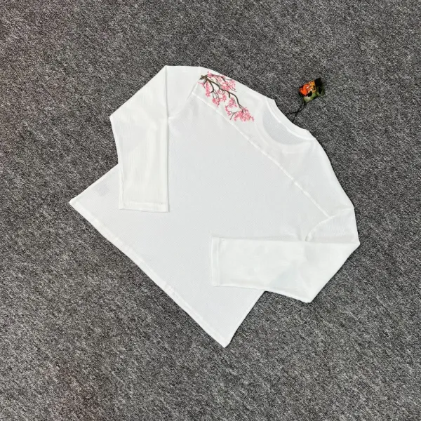 Design Embroidered Cherry Blossom White Long-Sleeve Base-Layer Top - 1