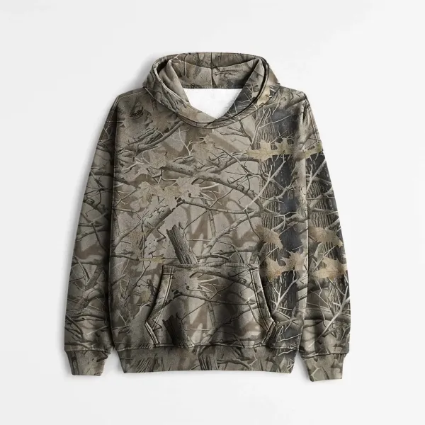 Camouflage Print Hoodie with Forest Branch Pattern - 1