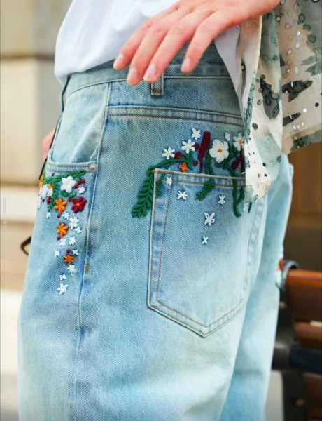 Gucci Floral-Embroidered Wide-Leg Cropped Jeans - 6
