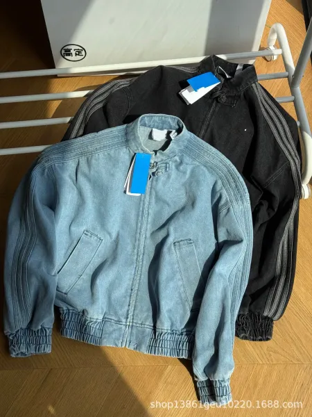 Design Denim Bomber Jacket with Triple Stripe Detail Black - 4