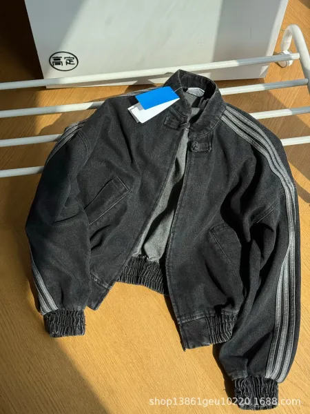 Design Denim Bomber Jacket with Triple Stripe Detail Black - 17
