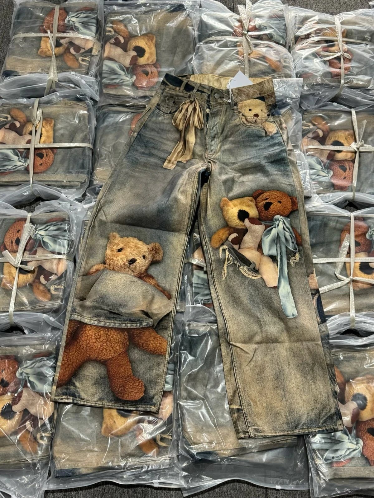 Maison Margiela x Teddy Bear Print Distressed Wide-Leg Jeans with Embellished Plush Scarf - 5