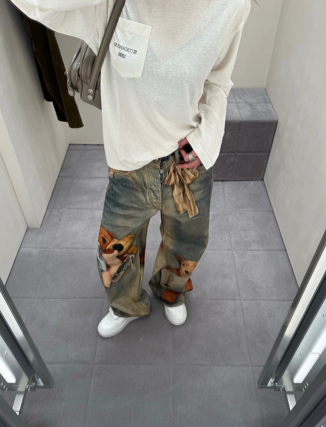 Maison Margiela x Teddy Bear Print Distressed Wide-Leg Jeans with Embellished Plush Scarf - 24