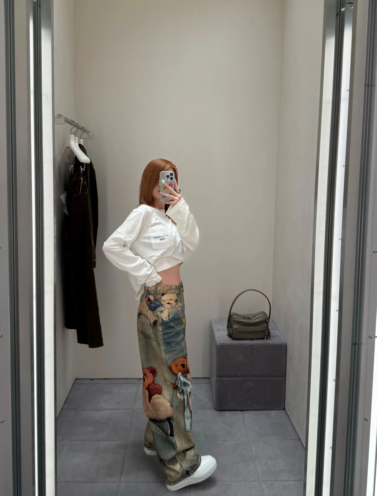 Maison Margiela x Teddy Bear Print Distressed Wide-Leg Jeans with Embellished Plush Scarf - 23