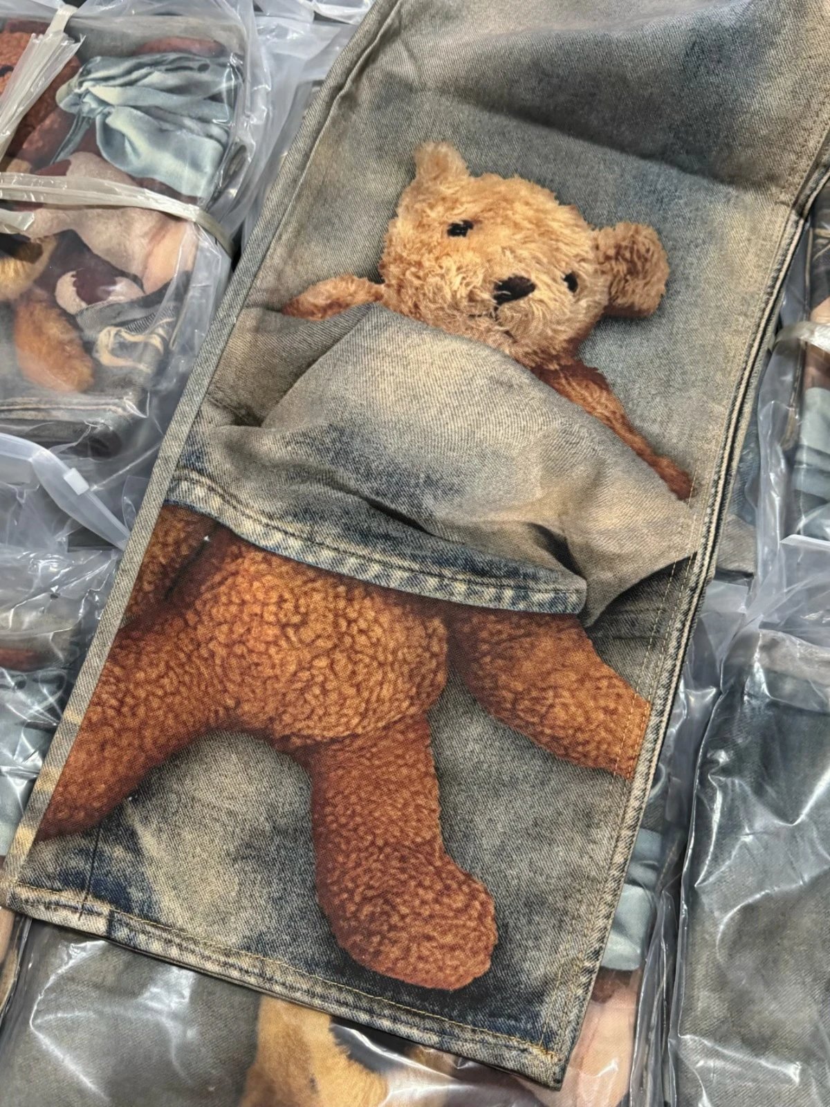 Maison Margiela x Teddy Bear Print Distressed Wide-Leg Jeans with Embellished Plush Scarf - 6
