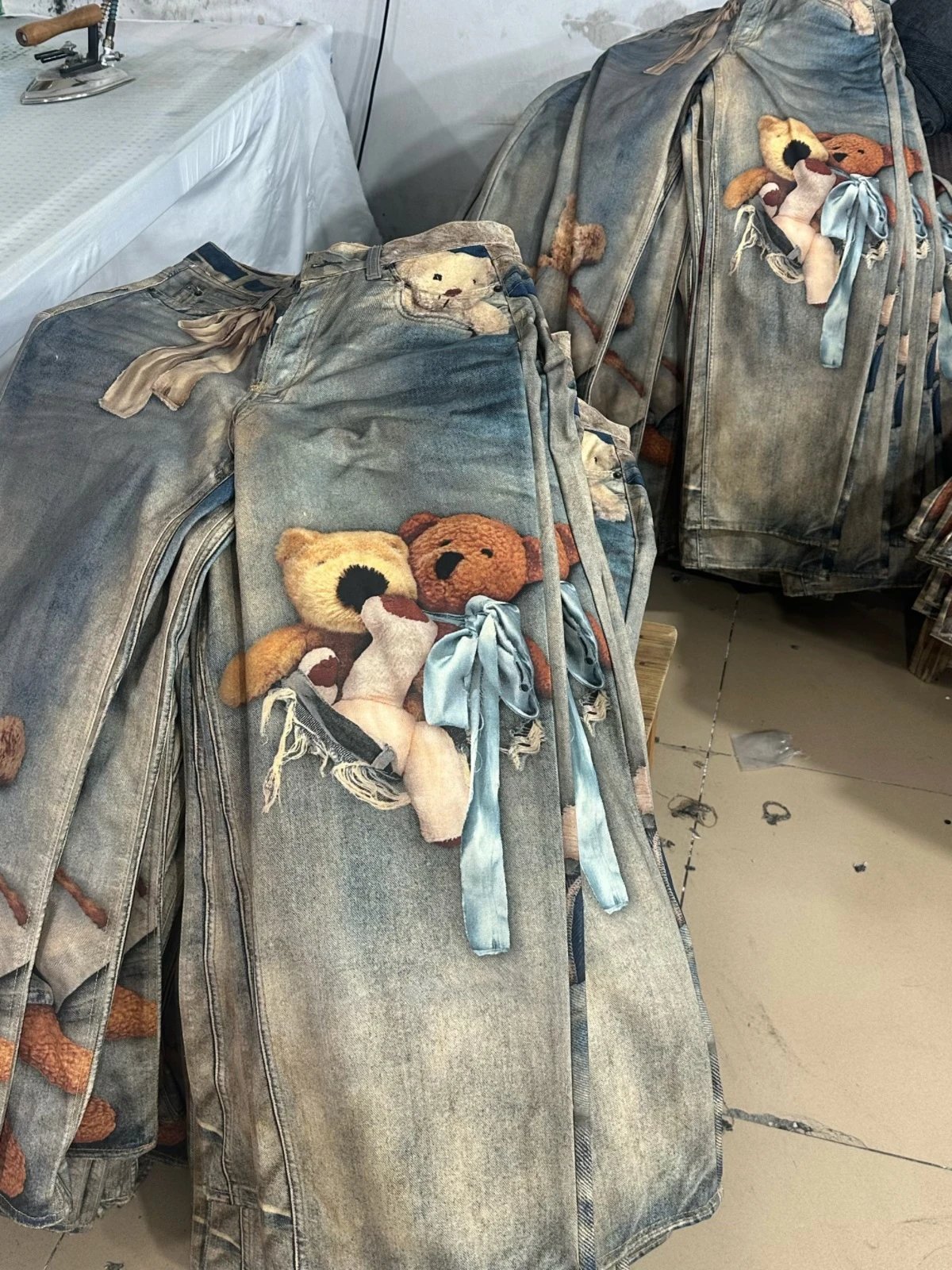 Maison Margiela x Teddy Bear Print Distressed Wide-Leg Jeans with Embellished Plush Scarf - 14