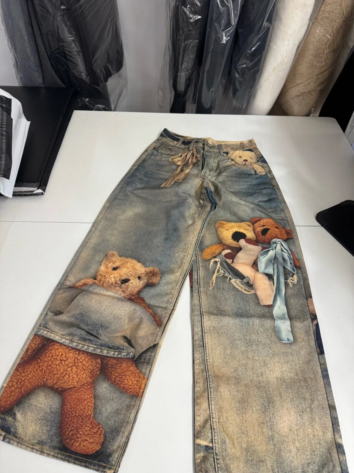 Maison Margiela x Teddy Bear Print Distressed Wide-Leg Jeans with Embellished Plush Scarf - 15