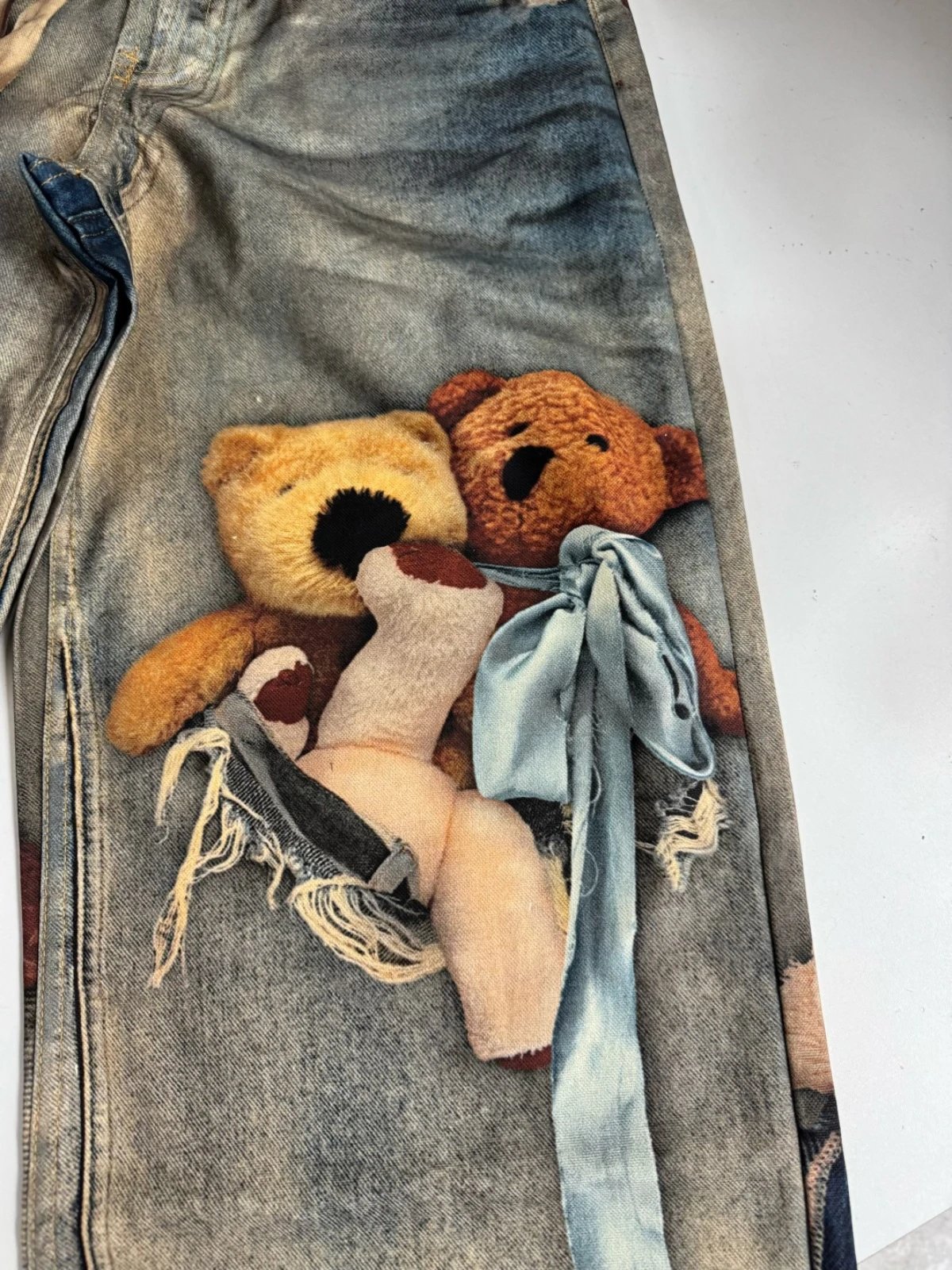 Maison Margiela x Teddy Bear Print Distressed Wide-Leg Jeans with Embellished Plush Scarf - 17