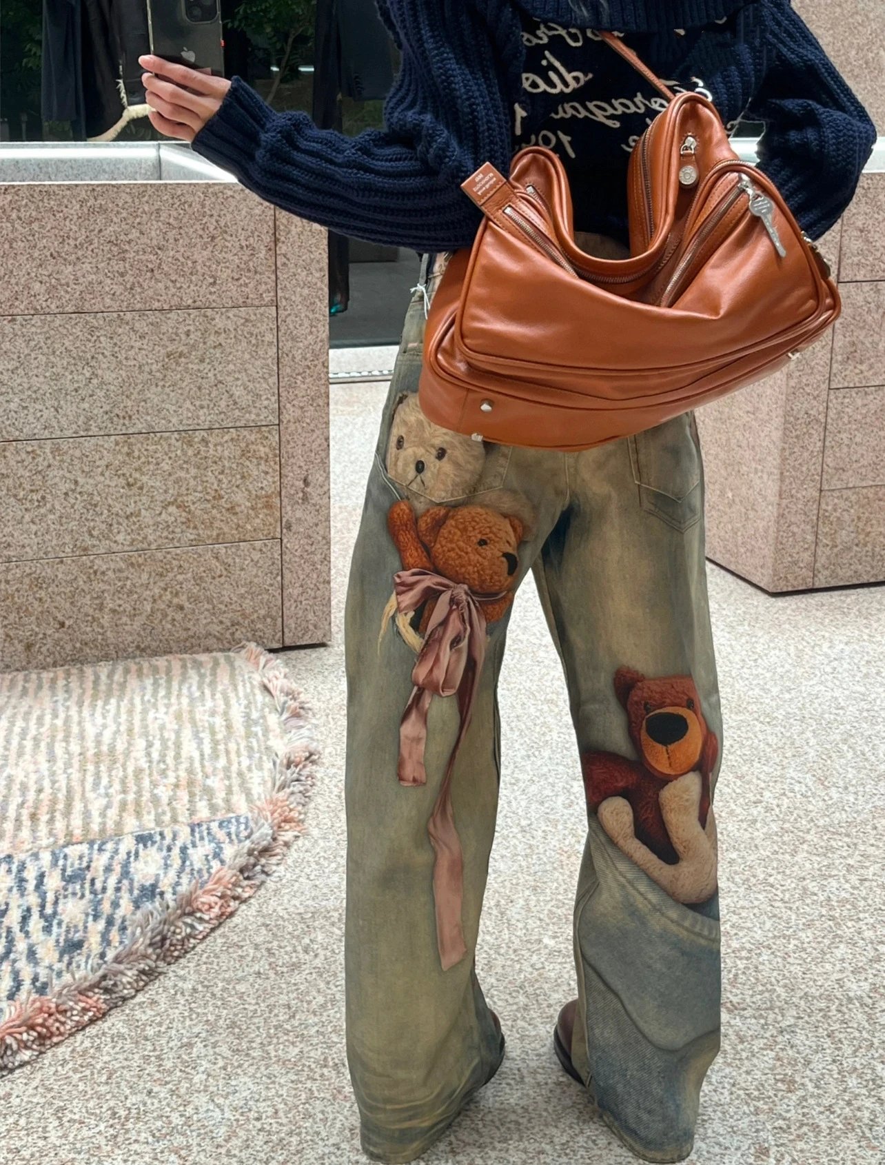 Maison Margiela x Teddy Bear Print Distressed Wide-Leg Jeans with Embellished Plush Scarf - 27