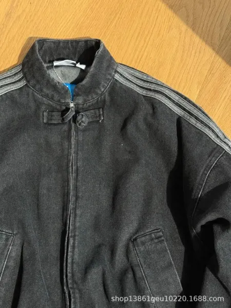 Design Denim Bomber Jacket with Triple Stripe Detail Black - 18