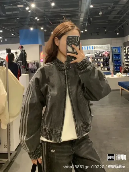 Design Denim Bomber Jacket with Triple Stripe Detail Black - 26