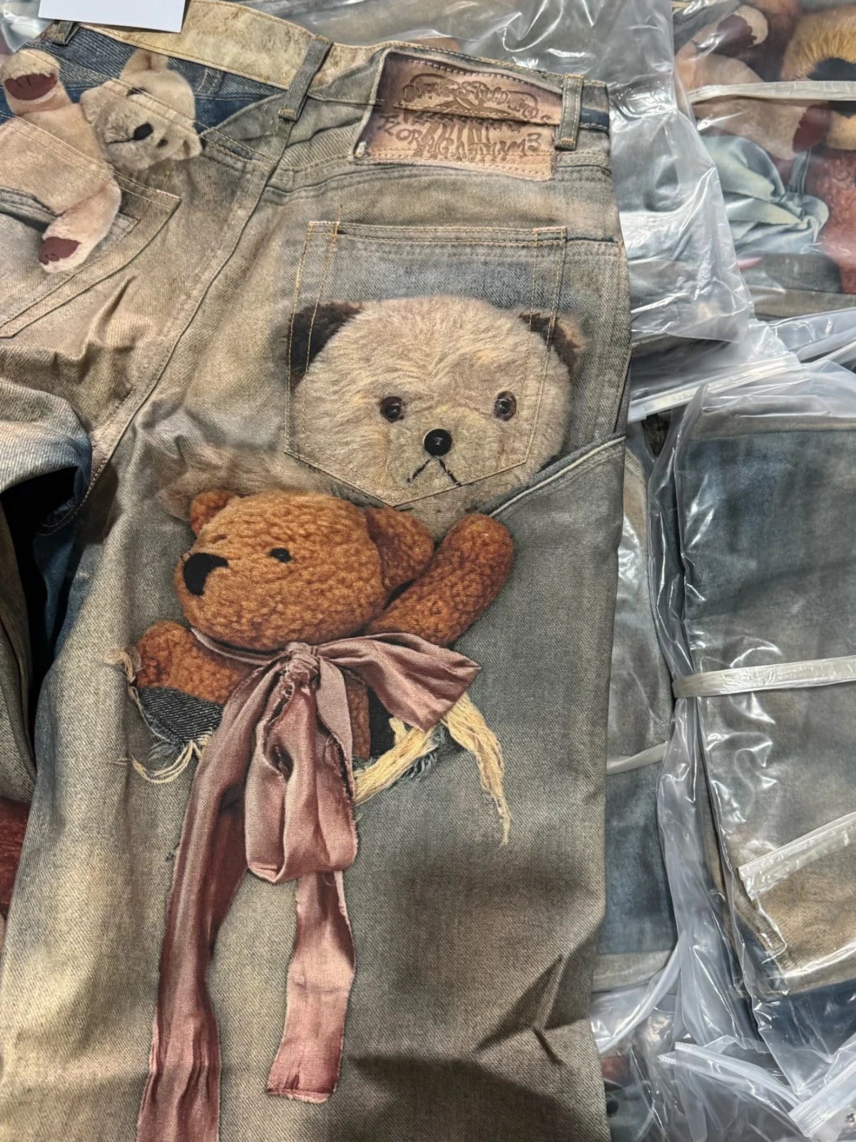 Maison Margiela x Teddy Bear Print Distressed Wide-Leg Jeans with Embellished Plush Scarf - 8
