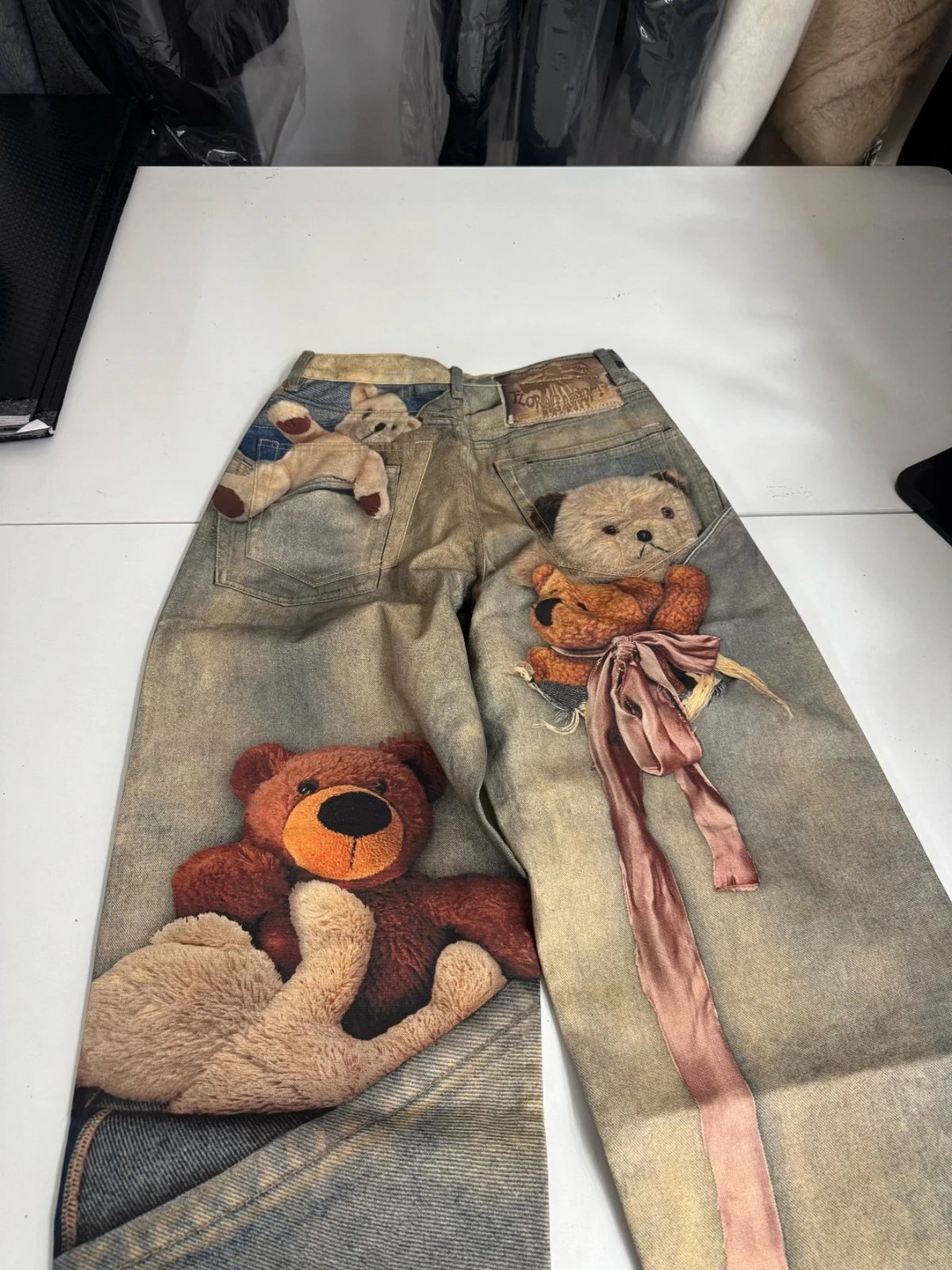 Maison Margiela x Teddy Bear Print Distressed Wide-Leg Jeans with Embellished Plush Scarf - 19