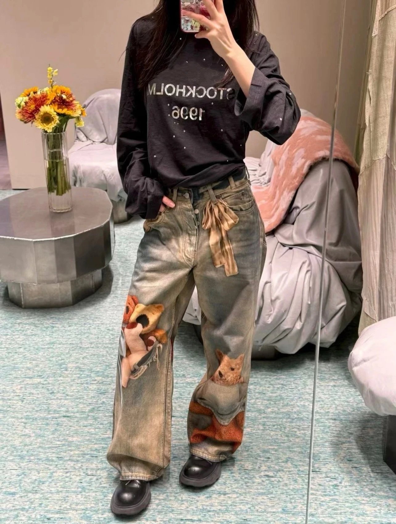 Maison Margiela x Teddy Bear Print Distressed Wide-Leg Jeans with Embellished Plush Scarf - 30