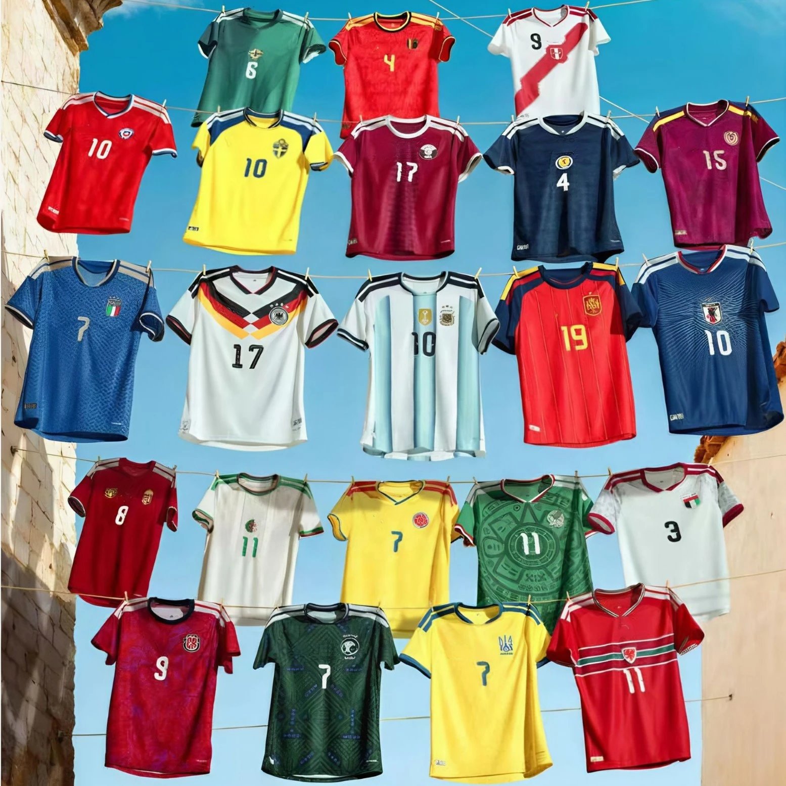 ZZ022-2026 FIFA World Cup jerseys for Brazil, Argentina, Germany, Spain, and Portugal, featuring official logos