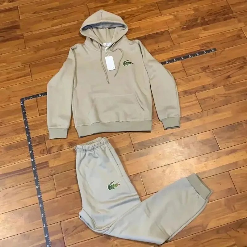 Lacoste Tracksuits Crocodile-logo hooded zip tracksuit — Khaki-colored suit