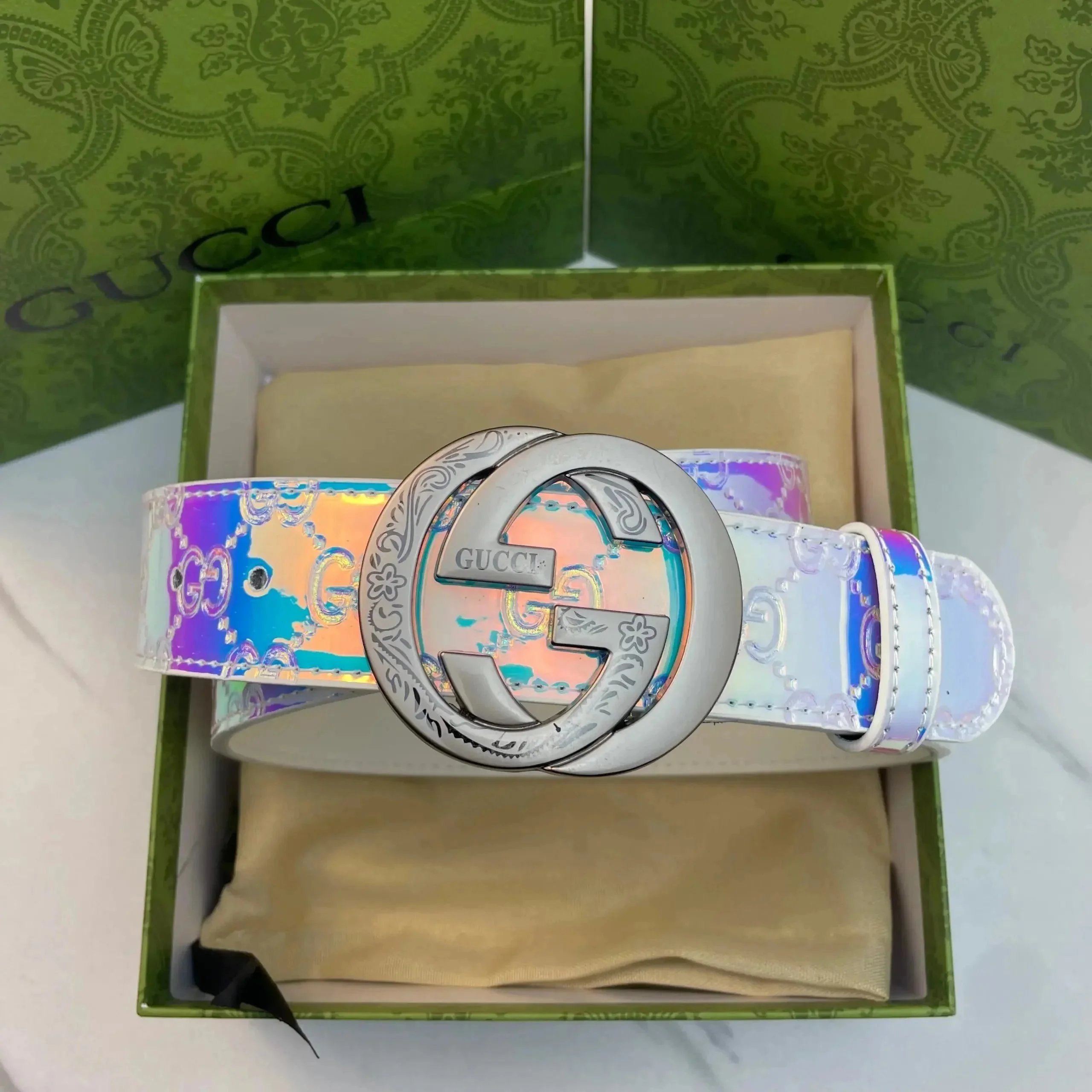 Gucci Belts Iridescent GG monogram belt with double-G buckle — G-1