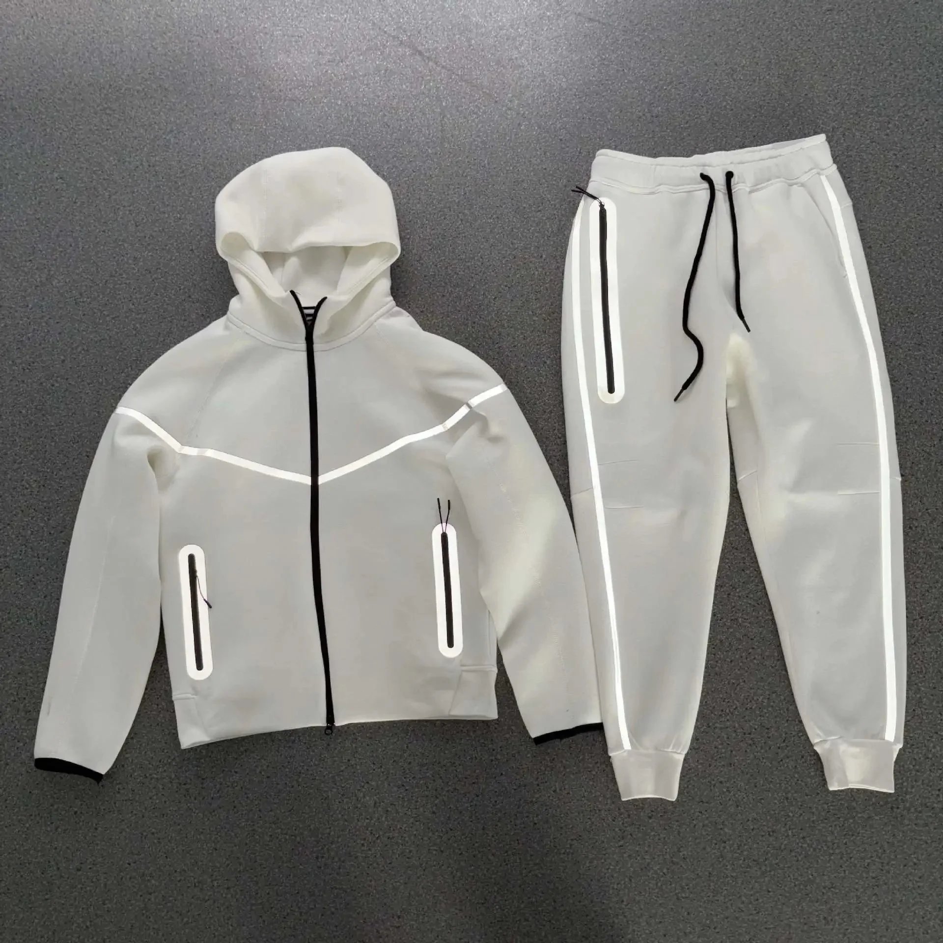 Unbranded Matching Sets Hooded Zip-Up Reflective-Trim Tracksuit Set — White suit