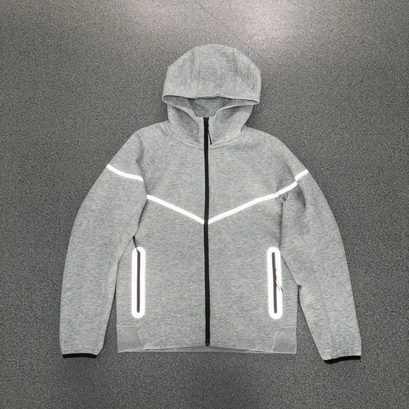 Unbranded Matching Sets Hooded Zip-Up Reflective-Trim Tracksuit Set — Light gray reflective top