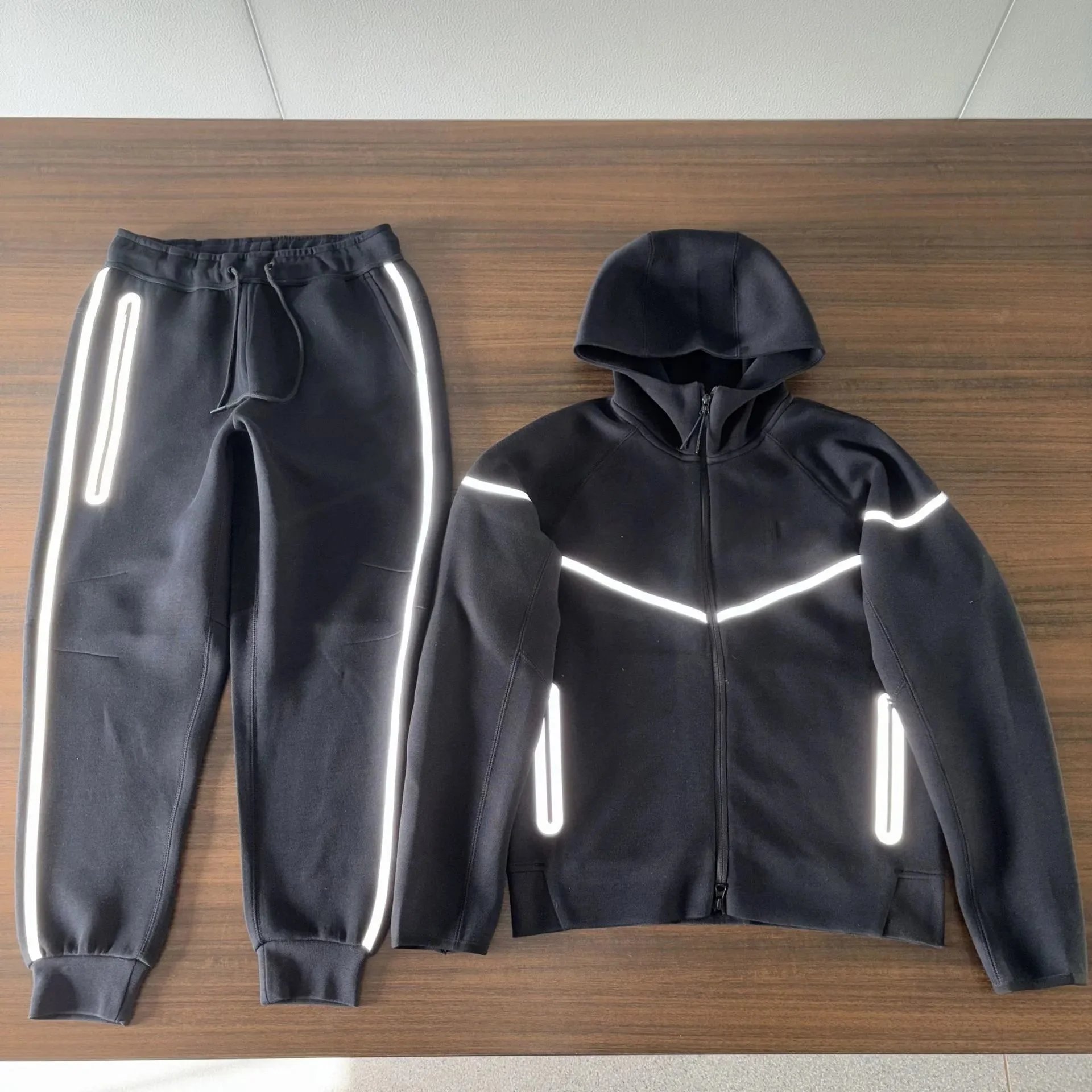 Unbranded Matching Sets Hooded Zip-Up Reflective-Trim Tracksuit Set — Black suit