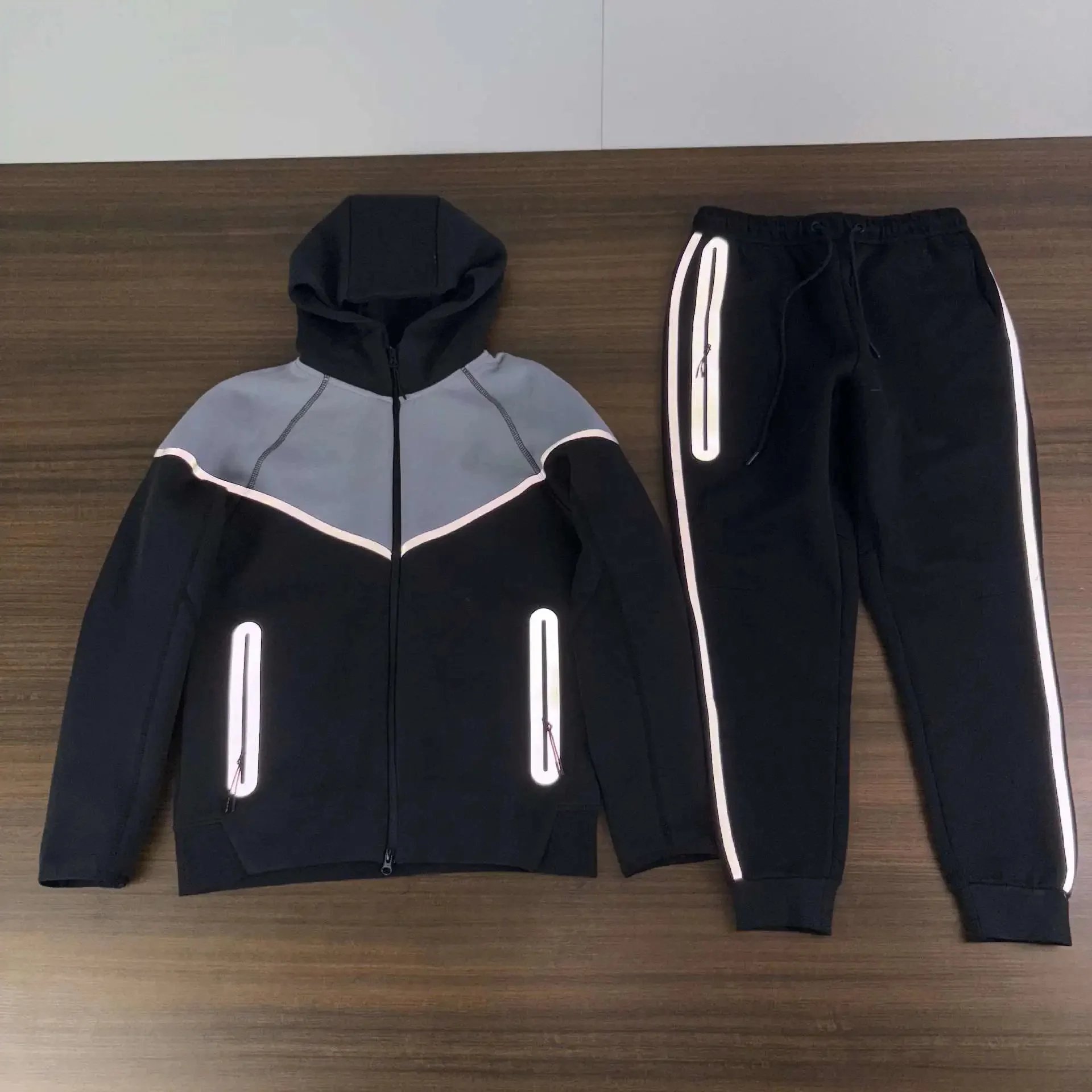 Unbranded Matching Sets Hooded Zip-Up Reflective-Trim Tracksuit Set — Black spiced milk gray suit