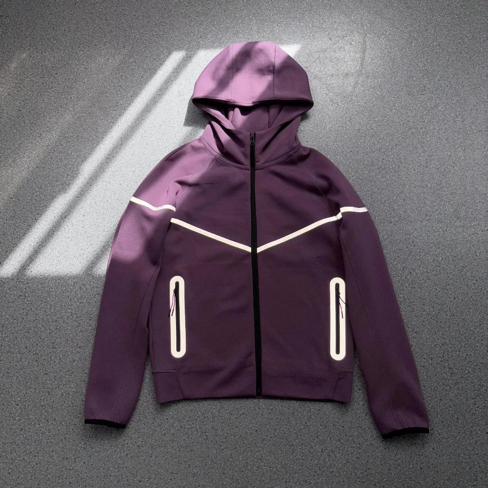 Unbranded Matching Sets Hooded Zip-Up Reflective-Trim Tracksuit Set — Purple top