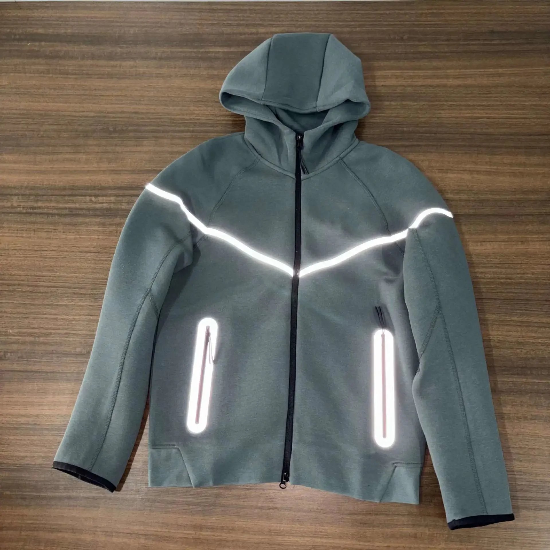 Unbranded Matching Sets Hooded Zip-Up Reflective-Trim Tracksuit Set — Army-green top