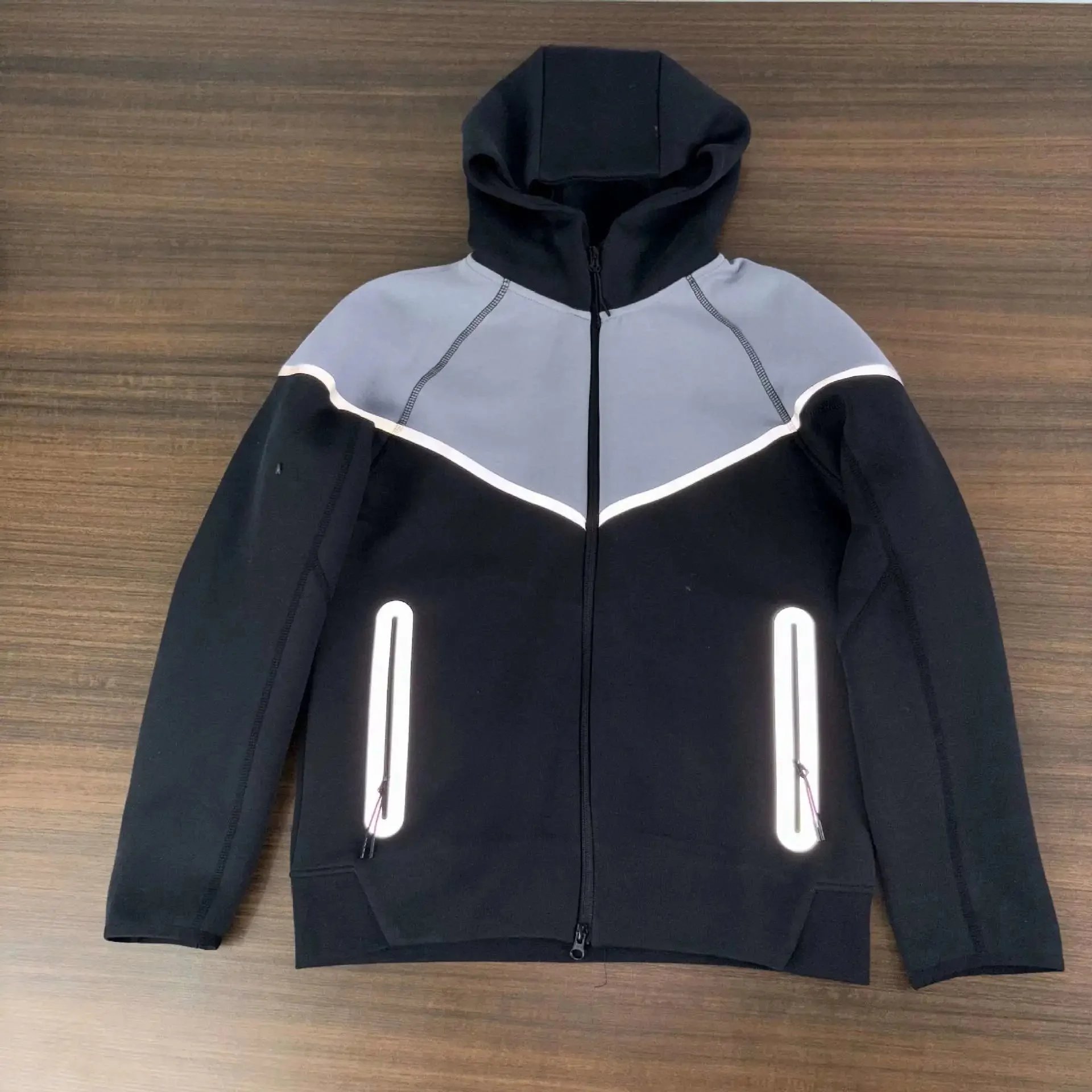 Unbranded Matching Sets Hooded Zip-Up Reflective-Trim Tracksuit Set — Black and milk gray top