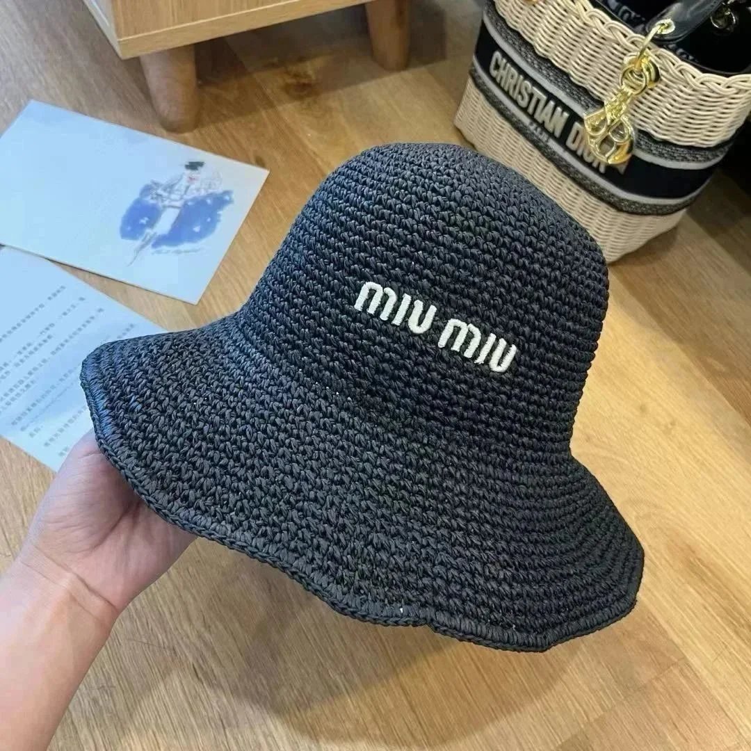 Miu Hats Logo-Band Straw Hat — 34