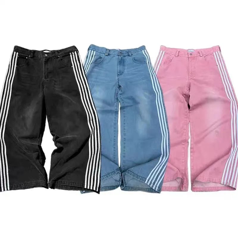 Wide Leg Jeans with Side Stripes in Black, Blue, and Pink