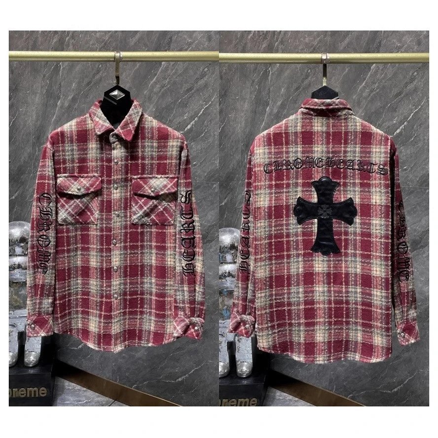 Chrome Hearts Shirt Leather Cross Patch Plaid Red