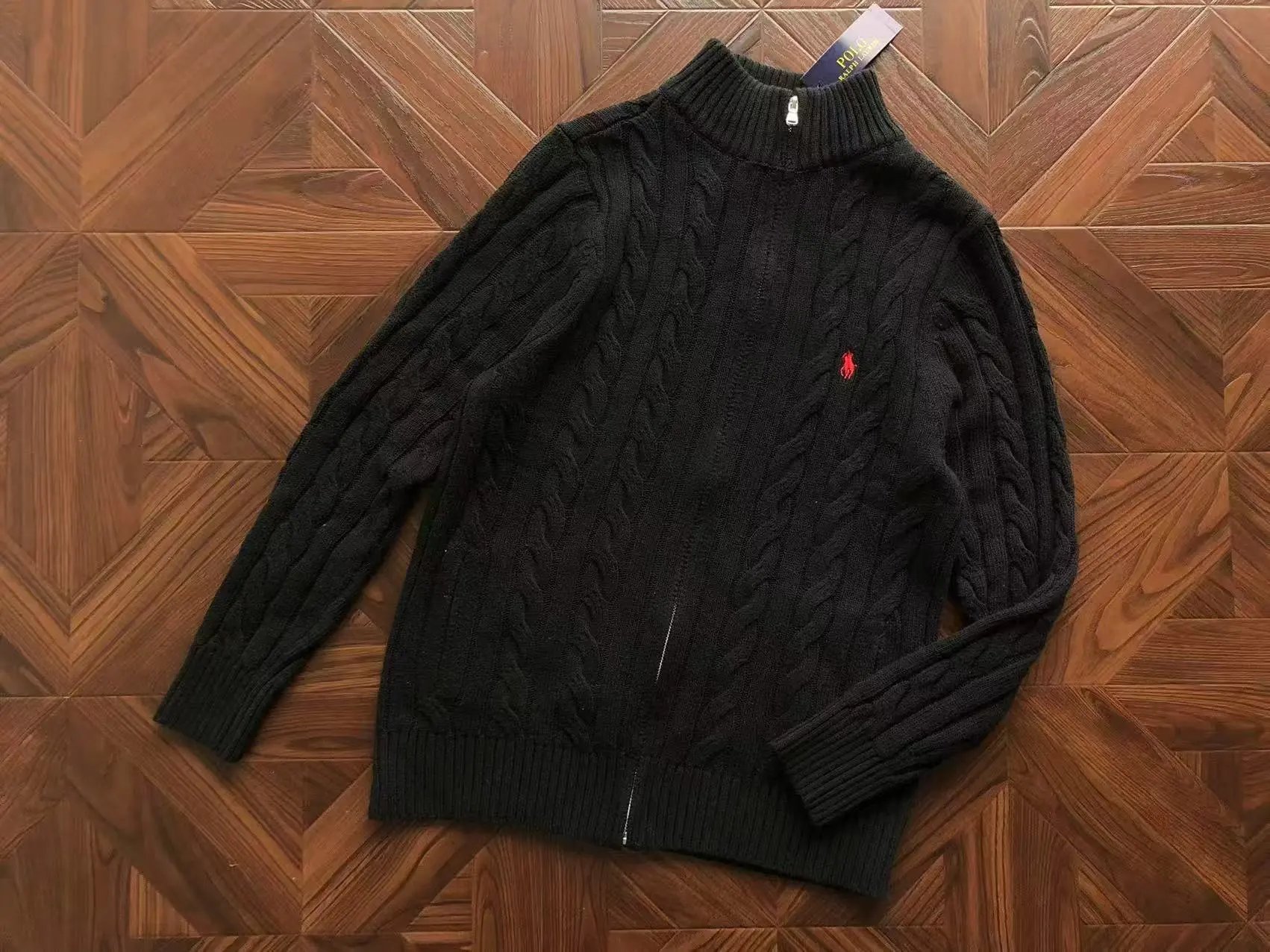 Sweater Zip Cardigan Black Red Logo