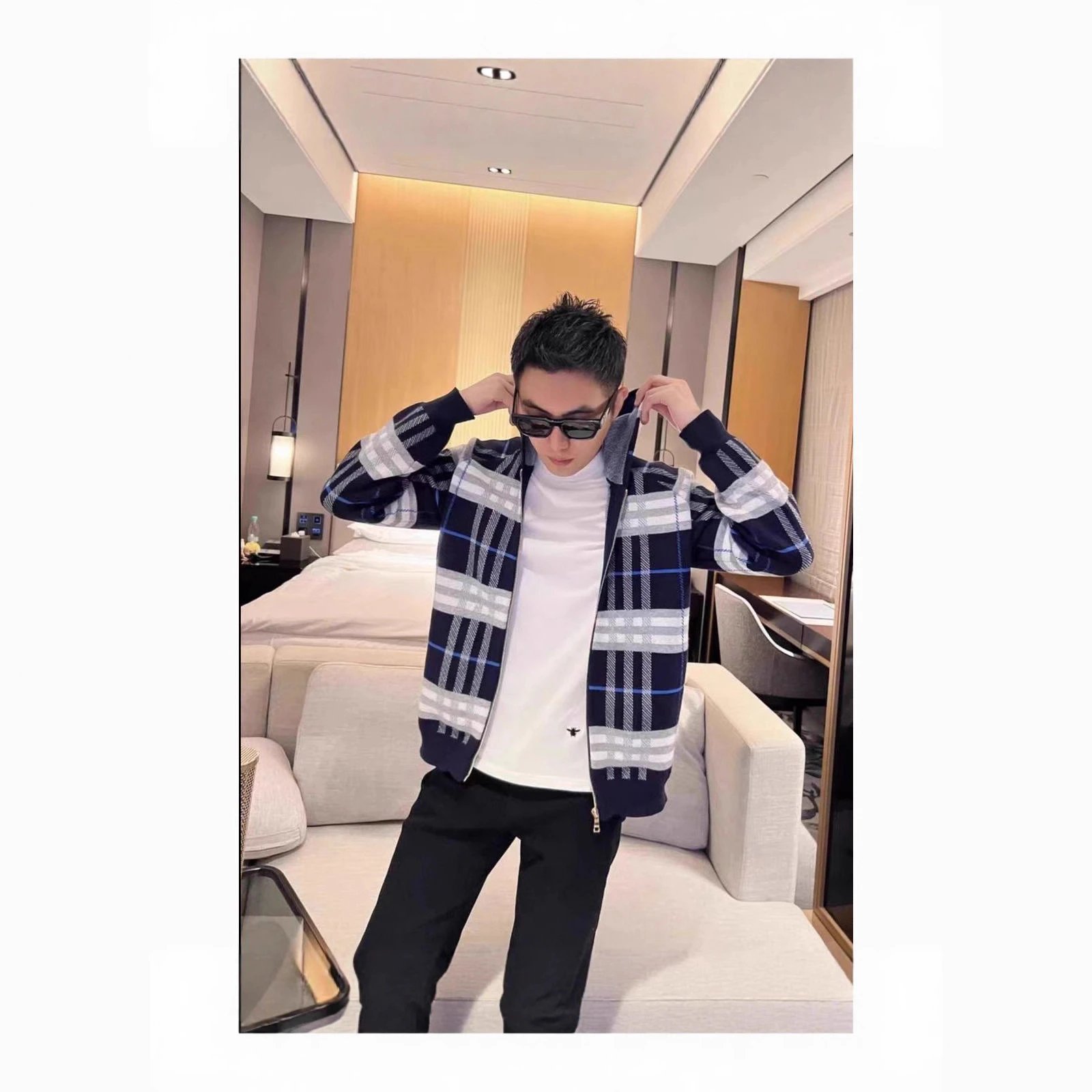 Hooded Zip Plaid Knit Cardigan Jacket Two-Sided
